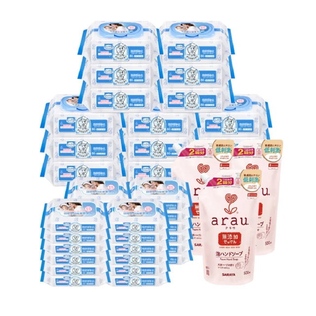 Baan貝恩 保養柔濕巾80抽15包+柔濕巾20抽24包+愛樂寶 溫和洗手慕斯補充包(500ml*3入)